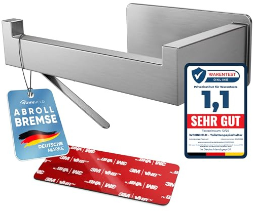 WOHNHELD Toilettenpapierhalter ohne Bohren mit Abroll-Bremse Silber | Premium Klopapierhalter zum Kleben, Kein Nachrollen dank patentierter Bremse, 100% Edelstahl, Silber Links geöffnet