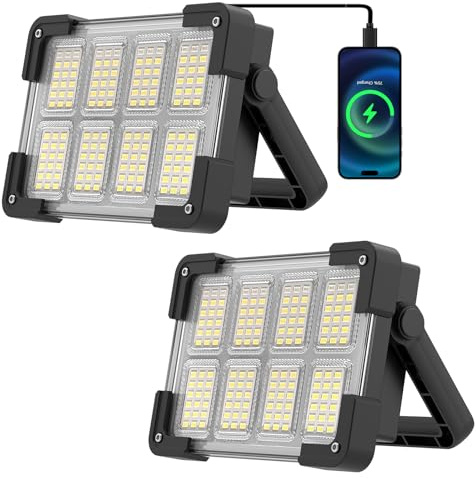 OHAYORI LED Rechargeable Work Light, Portable Floodlight with Power Bank, 4 Modes LED Rechargeable Spotlight, Super Bright Outdoor Emergency Security Light for Fishing, Hiking, Repairing(2 Pack)