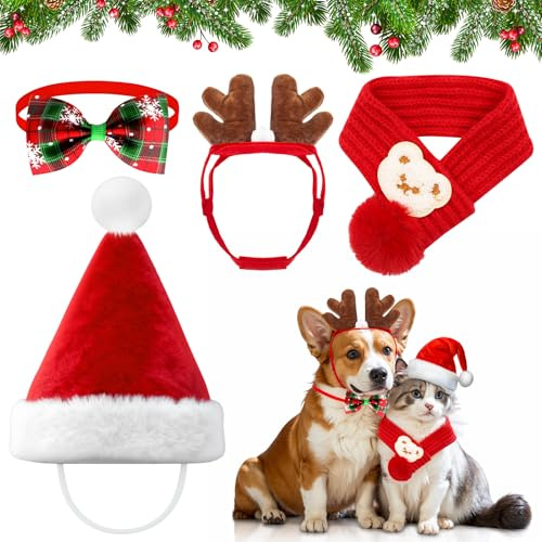 4 Stück Weihnachten Hundekostüm Haustier Weihnachtskostüm Accessoires Set für Hunde Katzen Rotes Weihnachtsmann Hut Hirschgeweih Stirnband Fliege Schal für Kleine Hunde Katzen Haustier
