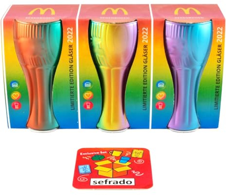 sefrado Bundle Exclusive Untersetzer kompatibel mit 3er Cola Glas Set Regenbogen - Sammel Gläser