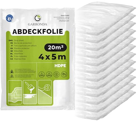 Garronda Abdeckfolie 4x5 m 12er Pack transparent HDPE Malerfolie für Renovierung, Staubschutzfolie Umzug, Abdeckplane Baufolie für Möbel- & Bodenschutz, Folie reißfest GD-0166