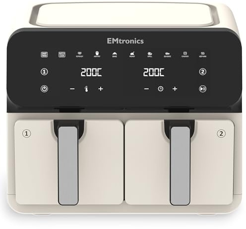 EMtronics 8 Litre Dual Air Fryer with Double Baskets - Cream | 8 Preset Cooking Modes, Match Cook & Smart Finish Functions, Turn & Shake Food Reminder, High Speed Air Circulation