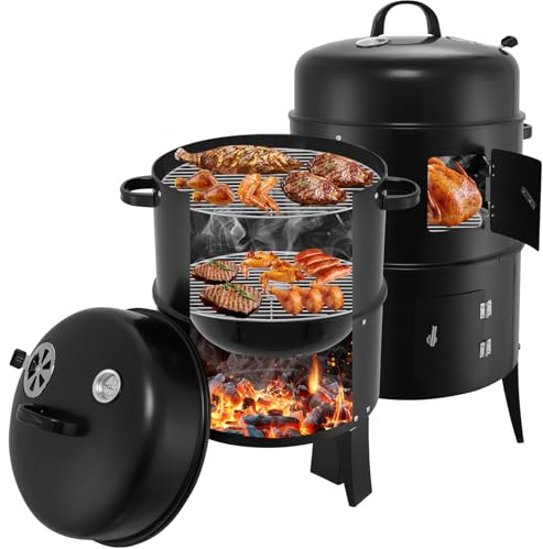 Teodute Barbacoa ahumadora, diámetro de 41 cm, gran barbacoa para exteriores con termómetro y 6 ranuras de extracción, barbacoa de carbón vegetal para camping, pícnic, jardín y cocina al aire libre