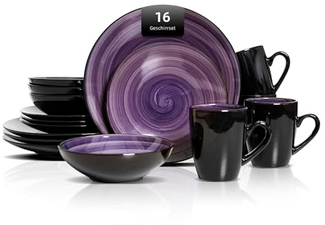 HomeVSS 16 Piece Dinnerware Set Service for 4, Plates and Bowls Set with Mug, Ceramic Dinner Set, Microwave and Dishwasher Safe, Sonoma Collection Dish Set, Hand-Painted Swirl Purple