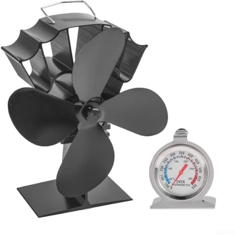 Heat Powered 4 Blade Stove Fan for Wood/Log Burner Fireplace Promotes Even Heat Flow and Reduces Wood Consumption with Automatic Temperature and Safety Features (fan+thermometer)