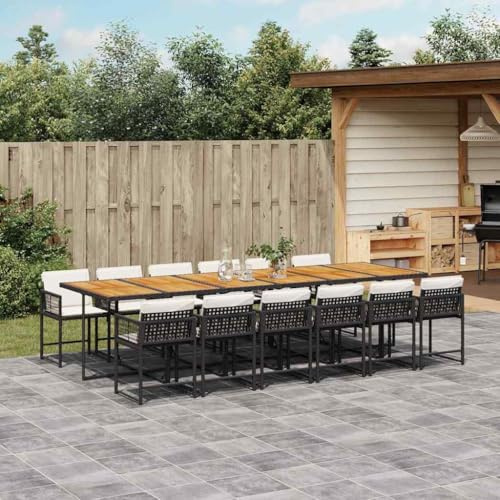 QJBSAVVA 13-TLG. Garten-Essgruppe aus PE-Rattan klappbare Stühle mit Akazienholzplatte Schwarz 330 x 106 x 73 cm platzsparendes Balkonmöbel Set für Terrasse Garten und kleine Balkone