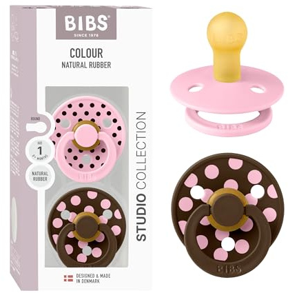 BIBS Polka Dots Schnuller 2er-Pack, BPA-frei, Kirschform Nippel. Naturkautschuk/Latex, Hergestellt in Dänemark, Größe 1 (0-6 Monate), Baby Pink/Mocha