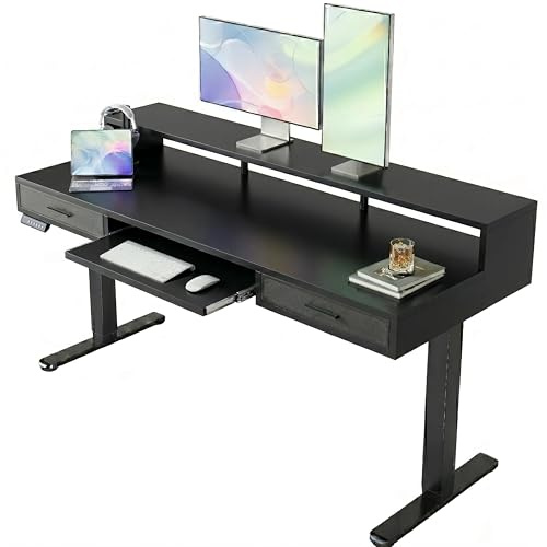HUANUO 140 x 66cm Standing Desk with Drawers & 64cm Large Keyboard Tray, Electric Standing Desk with 4 Memory Height Settings for Home Office, Stand Up Desk Compatible with C-Clamp Mount, Black