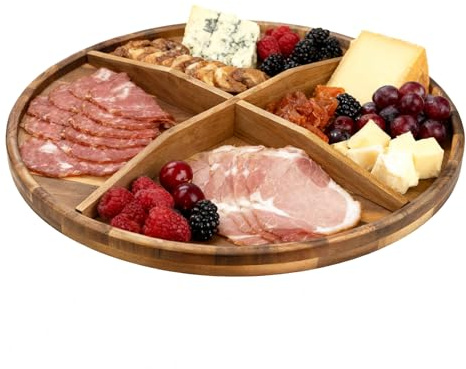 Utoplike Große Akazienholz-Drehteller, drehbares rundes Serviertablett | Holz-Charcuterie-Brett mit erhöhtem Rand und herausnehmbaren Trennwänden für Käse, Snacks und Partys