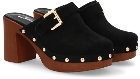 99740 Zueco de Tacon Ancho con Plataforma, Diseno Tipo Sueco para Mujer. Estilo Artesanal, Suela de Madera Sintetica, Punta Cerrada Tachuelas metalicas y Hebilla Decorativa, Primavera Negro Talla 40