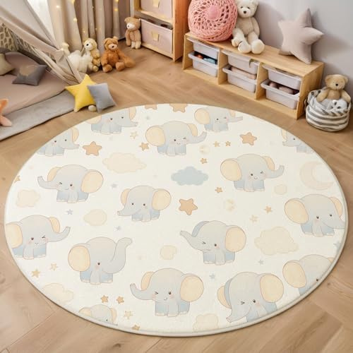 HASLEFND Kinderzimmer Rund Kunstwolle Teppich Schlafzimmer Niedlicher Cartoon-Stil Kleiner Elefant Sternenwolken Weicher Waschbarer Kinder Teppich Beige Junge Mädchen Kurzflor rutschfest, 100cm Rund