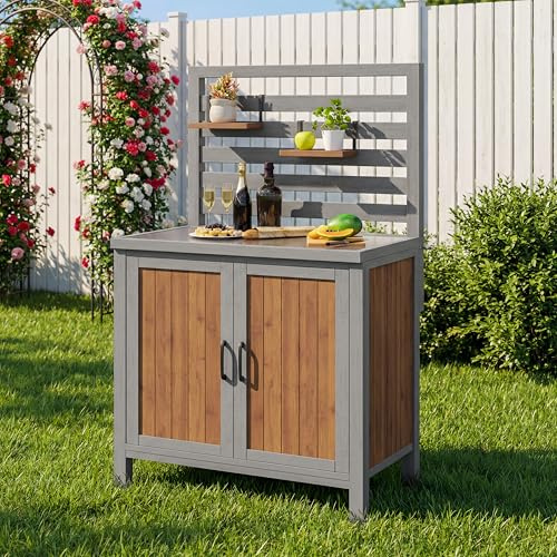 staronce Gartenschrank wetterfest aus Metall – Aufbewahrungsschrank mit Holz-Sockel & Edelstahl-Arbeitsplatte, 50x54x148,5 cm, Terrassenschrank für Garten, Terrasse & Balkon
