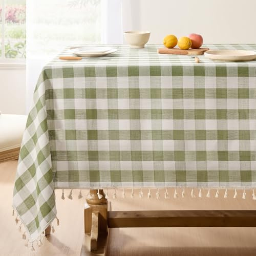 Softalker Gingham Tablecloth Green Outdoor Table Cloth Rectanglular 140x200 cm Wipeable Cotton Tassel Boho Tablecloths Water Resistant Linen look for Farmhouse Picnic Garden Party Birthday,55x78 Inch