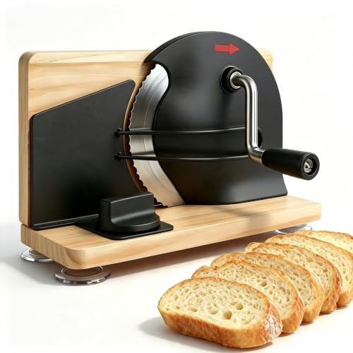 Manuelle Brotschneidemaschine, Allesschneider mit Saugnäpfen, Scheibendicke | stufenlos wählbar 1-20mm, Handkurbel hochwertiger Klingenstahl, Einstellbare Schnittstärke und klappbarer Sockel (Black)