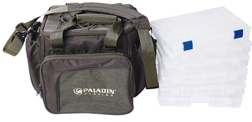Paladin Angeltasche mit Boxen groß inkl. 6 Köder-Boxen Umhängetasche Angeln Tasche Fishing Bag Tackle Anglertasche für Angelzubehör Größe: 41x31x31 cm