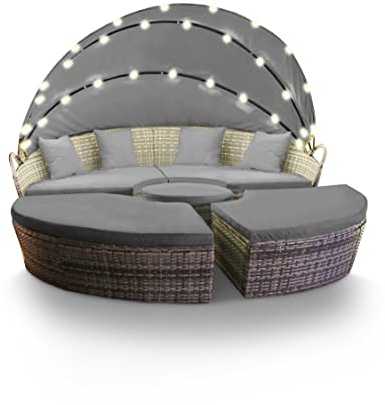 Swing & Harmonie Sonneninsel - Poly Rattan Lounge - mit LED Beleuchtung - Hochwertige Garten-Couch - Outdoor-Chill-Lounge - Couchliege Garten - Sunbed - (180cm, Grau)