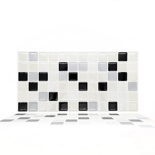 WALPLUS Fliesenaufkleber, 30 x 15 cm, klassisches schwarz-weißes Mosaik, glänzend, 30 x 15 cm, Wand-Spritzschutz, Vinyl, zum Aufkleben, Abziehen und Aufkleben, Badezimmer, Küche, Dekor, Fliesenfarbe,