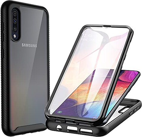 CENHUFO für Samsung Galaxy A70 Hülle, 360 Grad Schutzhülle Stoßfest Panzerhülle mit Eingebautem Displayschutz Robust Bumper Full Cover Case Durchsichtig Handyhülle für Samsung Galaxy A70 - Schwarz