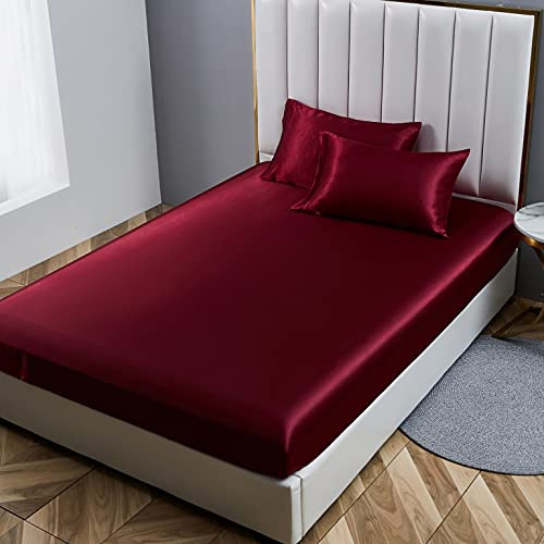 Damier Spannbettlaken 160x200cm Rot Weinrot Satin Seide Glänzend Bettlaken Hochwertiges Deluxe Unifarben Spannbetttuch, geeignet für Matratzen bis 30cm