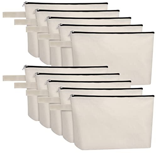 Sinzip 10 Pieces Cotton Canvas Makeup Bag with Bottom, Multi-Purpose Cosmetic Bag with Zipper Travel Toiletry Pouch, Blank DIY Craft Bag Pencil Bag (L, White) (MN-WB07)