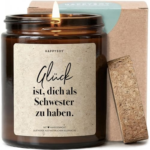 Glück ist, dich als Schwester zu haben - Duftkerze mit Spruch als Geschenk für Schwester, liebevolle Geschenkidee Geburtstag & Dankeschön, Kerze im Glas, blumiger Duft