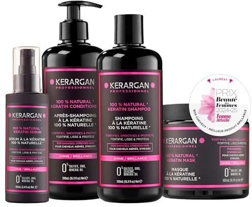 Kerargan - Ultra Reparerande Set Schampo, Balsam, Mask & Serum med Keratin för Skadat och Stressat Hår - Revitaliserar & Skyddar - Utan Sulfater, GMO, Silikon - 3x500 ml + 100 ml