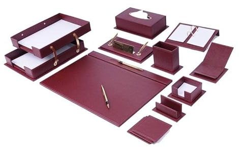 Organizadores de escritorio, accesorios de escritorio, organizador de escritorio de cuero, juego de escritorio de cuero regenerado, suministros de escritorio, 14 piezas (Burgundy)