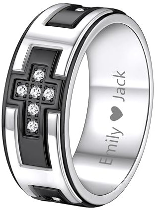 Supcare Namen Text Stimmungsring Männer Kreuzring Religious Ring Schwarz Ring Herren Men Cross Fingerring Edelstahlringe Damen Anti-Stress Spinner Ring Vintage Hip Hop Punk Schmuck für Alltag