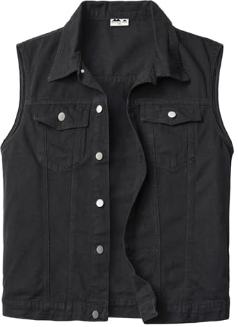 KTWOLEN Men's Jeans Vest Casual Cowboy Denim Vest Button Up Jeans Gilet Vintage Biker Vest Motorcycling Sleeveless Denim Jackets Gilet, Black, L