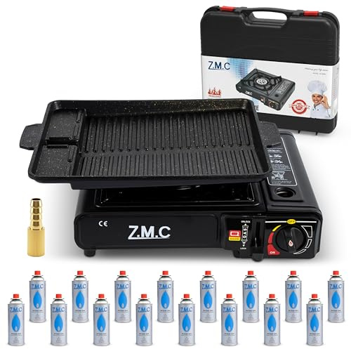Z.M.C Gaskocher 1-flammig 2,2 kW | Campingkocher mit Piezo-Zündung, Transportkoffer & LPG-Adapter | Optional mit Gaskartuschen 227g & Grillplatte | für Camping, Outdoor & Notfall
