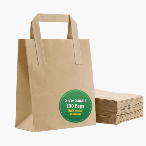 ezkart Multipack Brown SOS Kraft Paper Bags with Handles Ideal for Party, Weddings, Lunch, Christmas, Sweet, Kraft Paper Bags, Food Gift Bags, Takeaway & Grocery (100, Small-18x22x9cm)