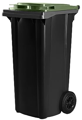 Hardwex Mülltonne mit 2 Rädern und Deckel, Müllgroßbehälter, Abfalltonne, Mülleimer, Volumen: 120 Liter, Farbe: Grau/Grün, Größe: 964 x 480 x 550 mm