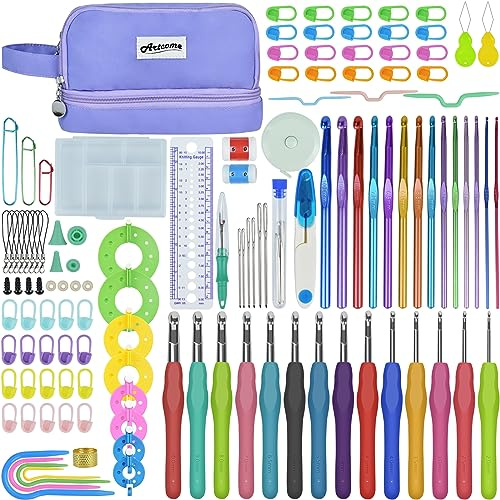 Artcome 124-teiliges Häkelset für Erwachsene und Kinder, 14 Größen, ergonomische Häkelnadeln mit komfortablem Griff für Anfänger und erfahrene Häkelarbeiten, ideal für schöne Projekte