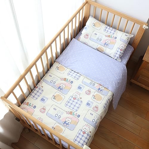 Emenpy 100% Cotton Crib Bedding Set for Baby Boys Girls,3 Pcs Baby Bed Linen Include Duvet Cover,Fitted Sheet,Pillowcase,Nursery Decoration,No Filler (Purple)