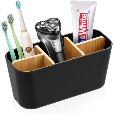 Bambus Trennwände Toothbrush Holder, Zahnbürstenhalter mit 4 Zahnbürstenfächer + 1 Zahnpastafach, Multifunktional Elektrische Zahnbürste Halterung, Badezimmer Organizer Geeignet für Büro Wohnzimmer