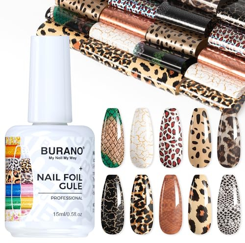 BURANO Transferfolie Nägel Nagelfolien, 15ml Nail Art Foil Kleber Gel mit 10PCS Foliensticker Nail Transfer Tipps Nagelsticker Transferfolie Sticker Set 32