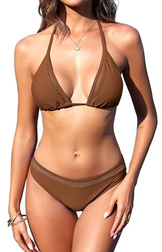 ZAFUL Damen-Bikini, durchsichtig, Netzstoff, Neckholder, Triangel-Bikini, Raffhalter, hohe Taille, zweiteiliger Badeanzug, 1 Netzgewebe, Braun, S