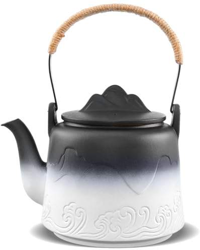 ZENS Teekanne Keramik Mit Sieb, 1000ml Japanische Teekanne für Losen Tee | Matte Geprägtem Teekanne Japanisch mit Siebeinsatz, Design Teapot mit Hanfseilgriff für Losen Tee, Schwarz & Weiß