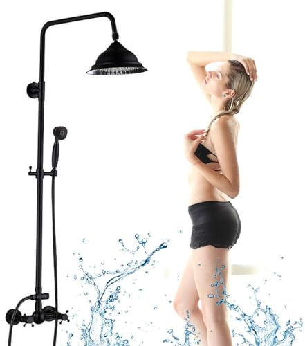 Duschsystem Duschen Regendusche Duscharmatur + Handbrause Zwei Griffe Retro Dusch Armatur Duschset Antik Nostalgie Schwarz Set Vintage Wandmontiert DuschsäUle Duscharmature 80-120Cm