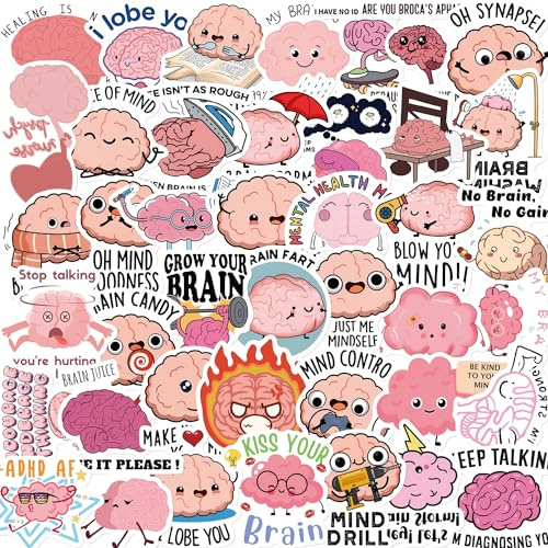 50Pcs Interesting Brain Stickers Laptop Car Scrapbook Phone Skateboard Suitcase Luggage Bike Brain Stickers Vinyl Waterproof Aesthetic Personalised Stickers for Teens Boys Girls Adults