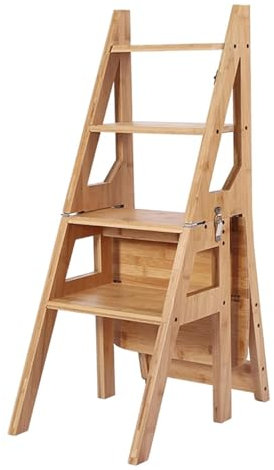 4 Tier Folding Step Ladder, Convertible 2-in-1 Solid Wood Ladder Chair, Portable Display and Storage Shelf，for Library, Home Kitchen(A)