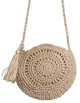WANGSHAOWEI Strohtasche Lässige Half Moon Damen Stroh Rattan Schultertasche Wicker Woven Lady Hollow Umhängetasche Sommer Strand Reise Kleine Handtasche Geldbörse Runde Strohtasche(B-beige)