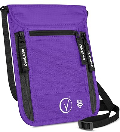 Vantamo Marsupio da Viaggio Premium da Collo con Portafoglio e Portapassaporto, Protezione RFID, Adatto per Passaporto con Custodia. Portapassaporto da Collo per Uomini e Donne, Viola e nero.