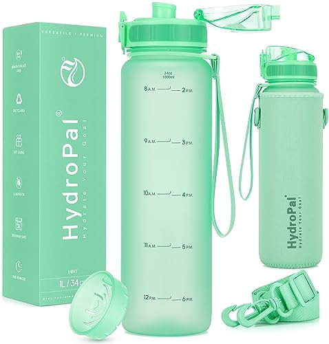 HydroPal 1L Sports Water Bottle, Slim Plastic Motivational Drink Bottle with Filter, Leakproof Water Bottle with Time Markings for Gym, Travel, School, Office, BPA-free (Green, 1000 ml)