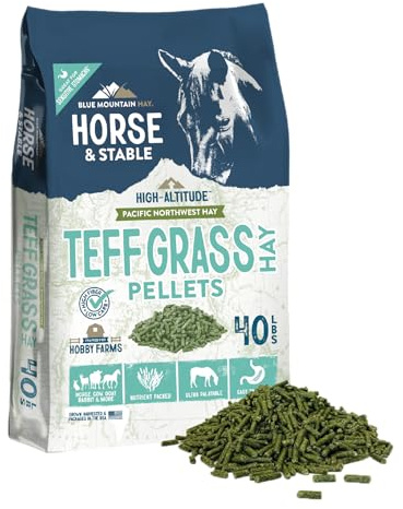 Blue Mountain Hay Pellets de heno de hierba Teff de alta altitud (40 libras), forraje denso de nutrientes ultra premium, pequeños pellets de remojo rápido y bajo polvo, fácil de medir, apto para
