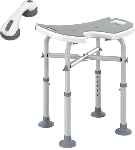 HOMCOM Height Adjustable Shower Stool with Suction Grab Rail, Aluminium Shower Chair with U-Shaped Padded Seat, Non-Slip Bath Stool for Elderly, Disabled, Seniors, Pregnant, Grey