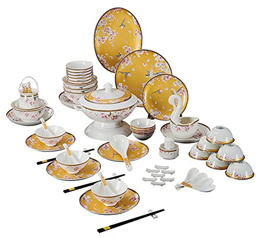 OJKJGY Juego de vajilla de Lujo Vajilla Platos Platos Cerámica Combinación Servicio de Mesa Juego de Cuencos Platos de Postre Platos hondos Platos de Cena 62 Piezas