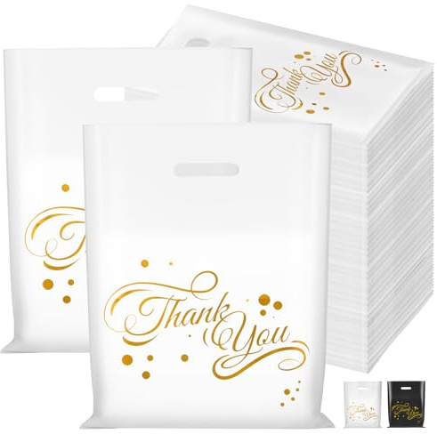 LVNRIDS 100 PCS Warentaschen mit “Thank You” Wiederverwendbare Merchandise Einkaufstasche, 40 x 30 cm Dankeschön Geschenktüten Plastik für kleine Unternehmen, Kleidung, Boutique Weiß