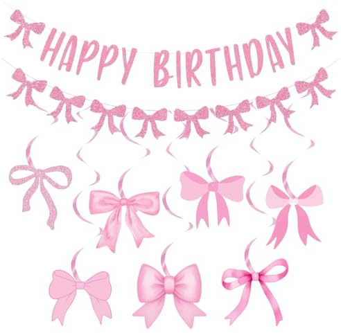 LYNSAN Geburtstag Dekoration Rosa Schleife Geburtstag Banner mit Hängende Spiralen Girlande Pink Coquette Glitter Happy Birthday Party Zubehör Luftschlangen für Mädchen Frauen Geburtstagsparty