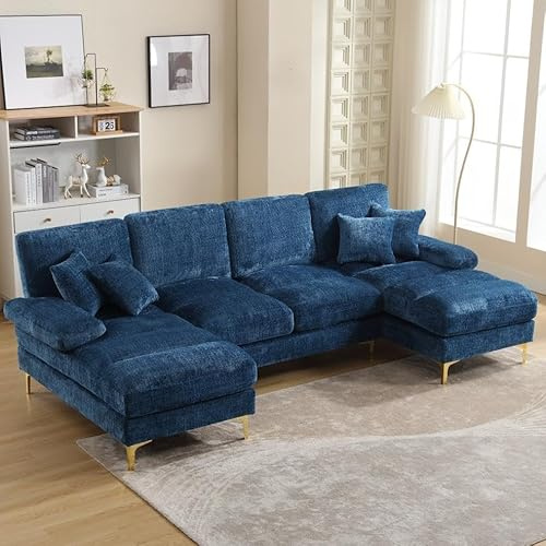 LIFEISLE 272CM Lange Sofa U-Form, Groß Couch mit Liegensitzen, Modulares Sofa 4 Sitzer Ecksofa mit Schlaffunktion für Wohnzimmer, Chenille-Stoff Blau